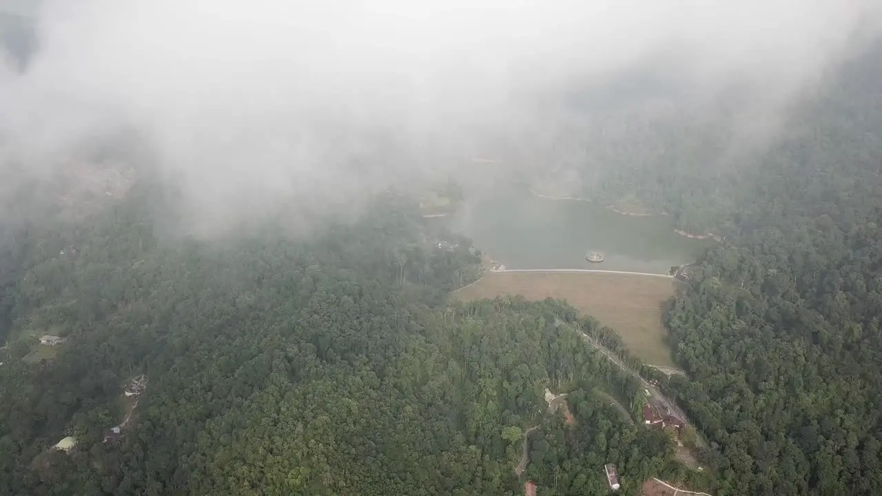 Aerial view of a foggy morning over dam Ayer Itam Penang