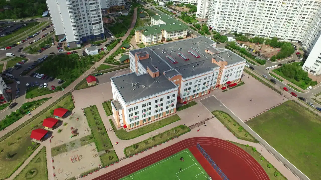 Sports stadium in schoolyard Aerial view football field on sport ground