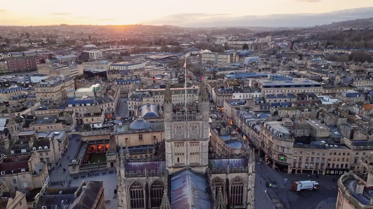 Bath Abbey during sunset aerial view with drone