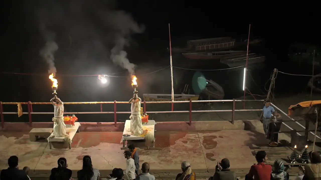 Downward Panning Shot of Ganga Aarti Ceremony