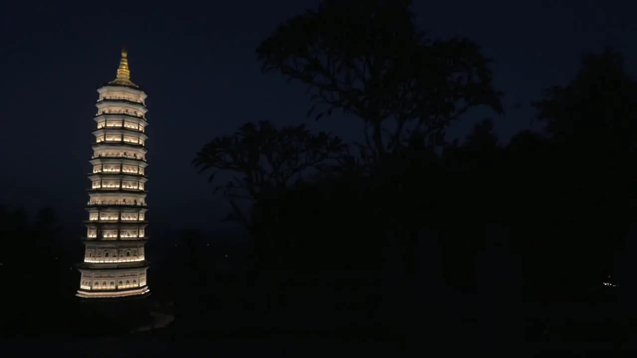 Illuminated tower temple in Bai Dinh Pagoda Complex Vietnam