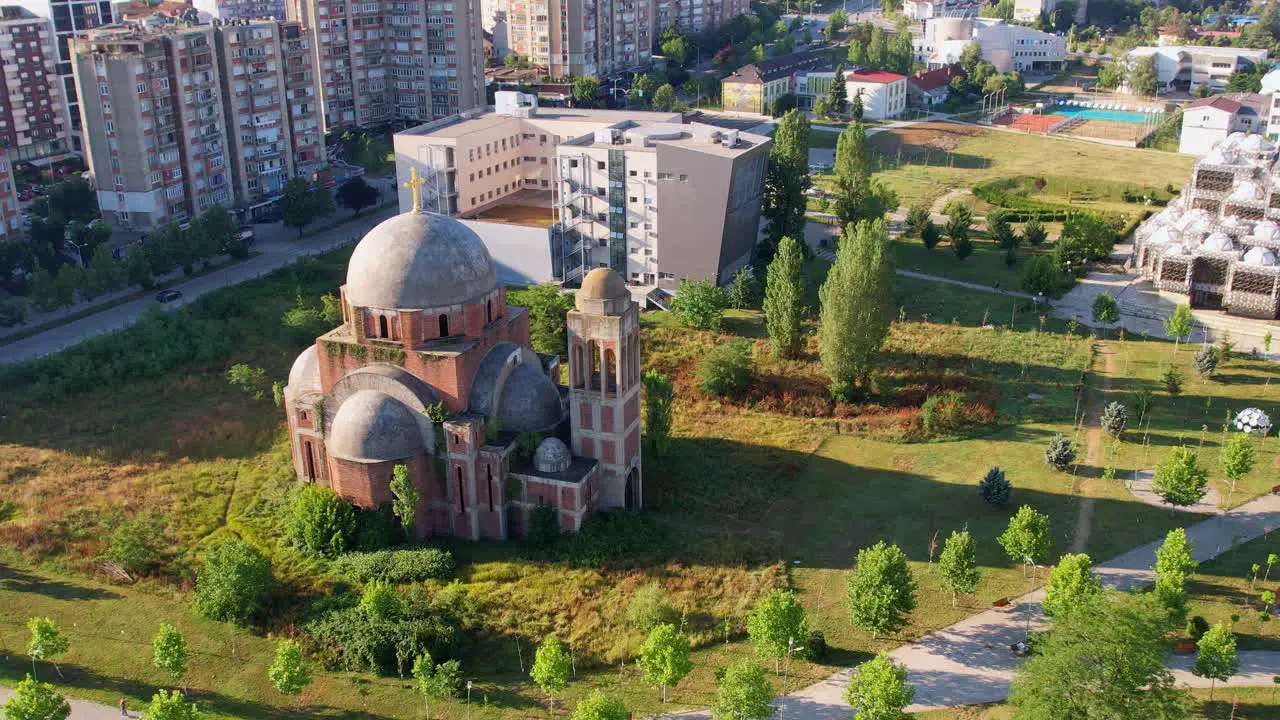 Aerial of center Pristina Kosovo with Serbian orthodox church