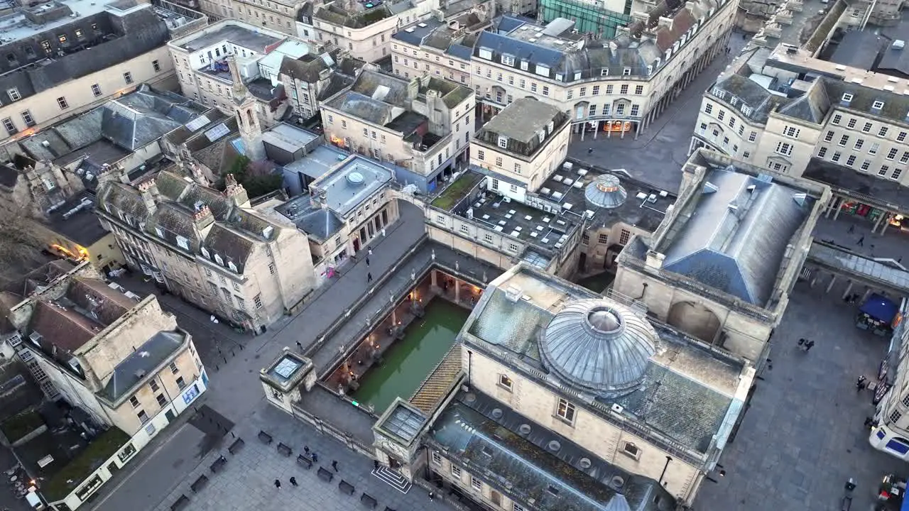 Aerial view of the Roman bath during sunset time in Bath uk