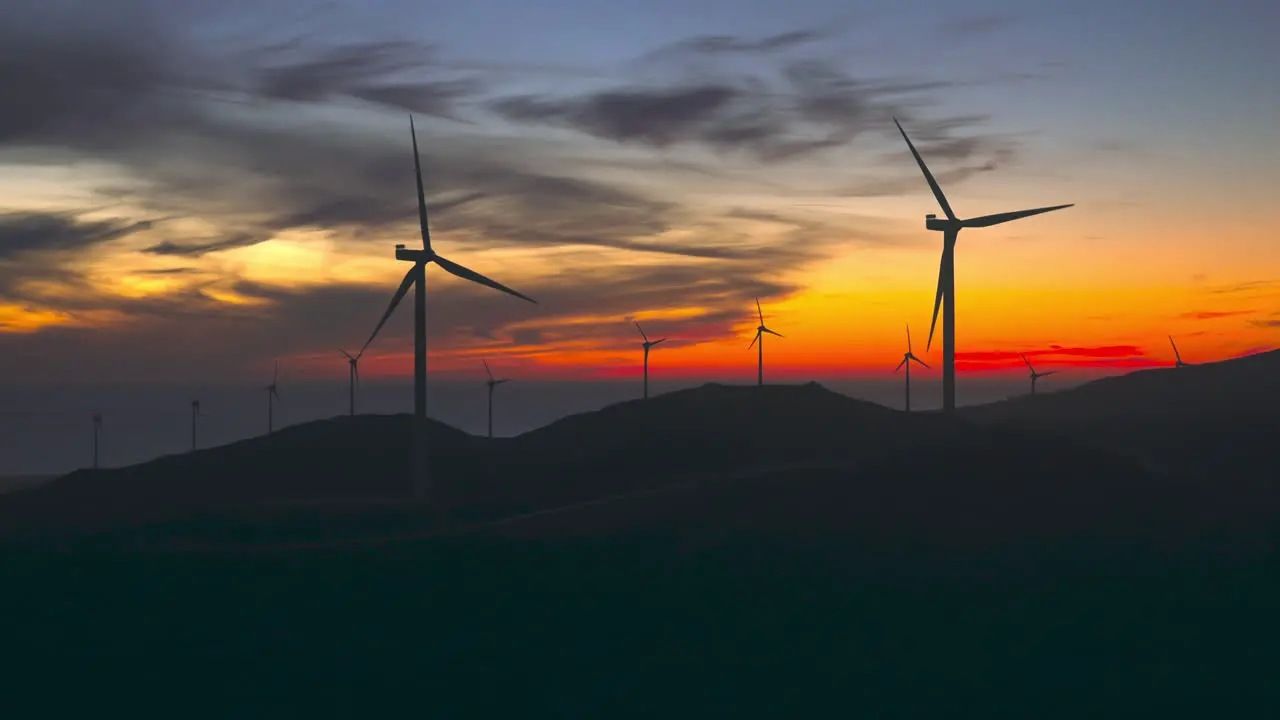 Silhouette of wind turbines near the strait of Gibraltar after sundown