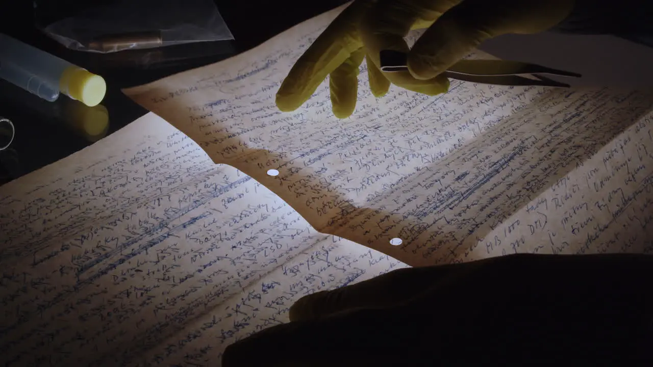 A forensic technician wearing gloves carefully studies handwritten letters