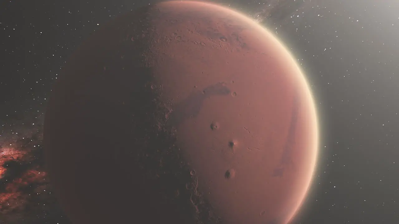 Red Planet Mars from Space with Mountains and Atmosphere Visible and Milky Way Galaxy Background 3D Animation 4K