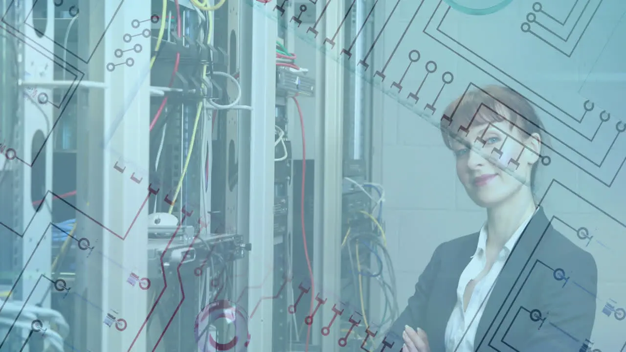 Animation of microprocessor blueprint over caucasian woman working in server room