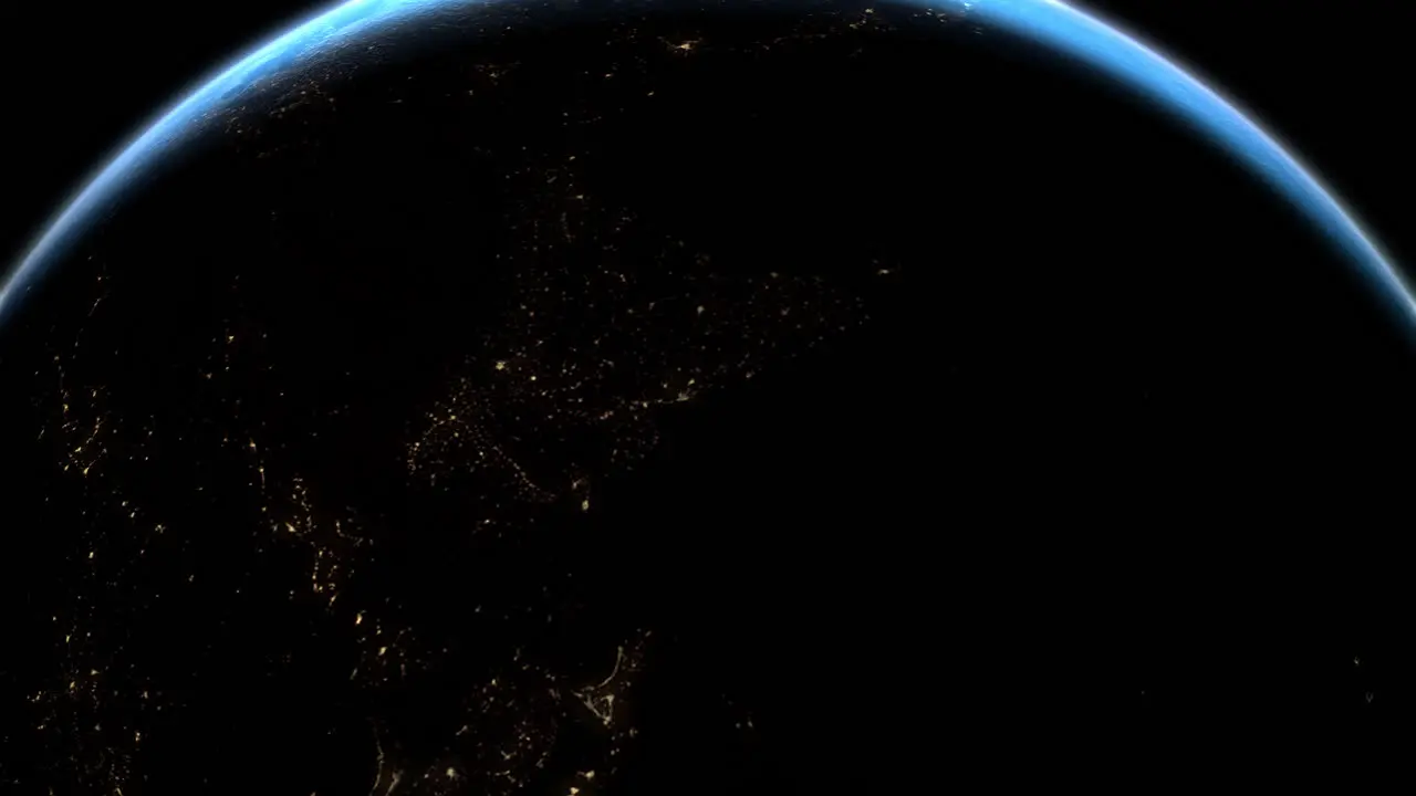 A cinematic rendering of planet Earth during sunrise as view from space with vibrant blue sky atmosphere