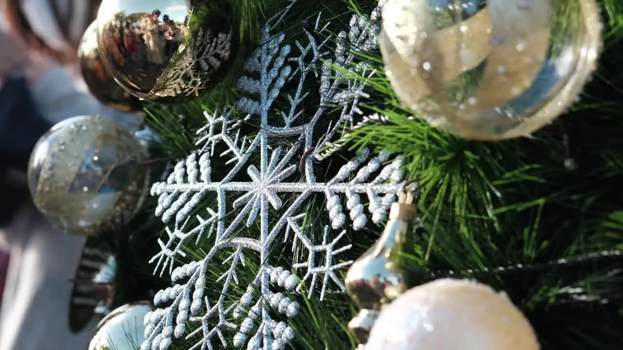 sun shining on Christmas tree decoration