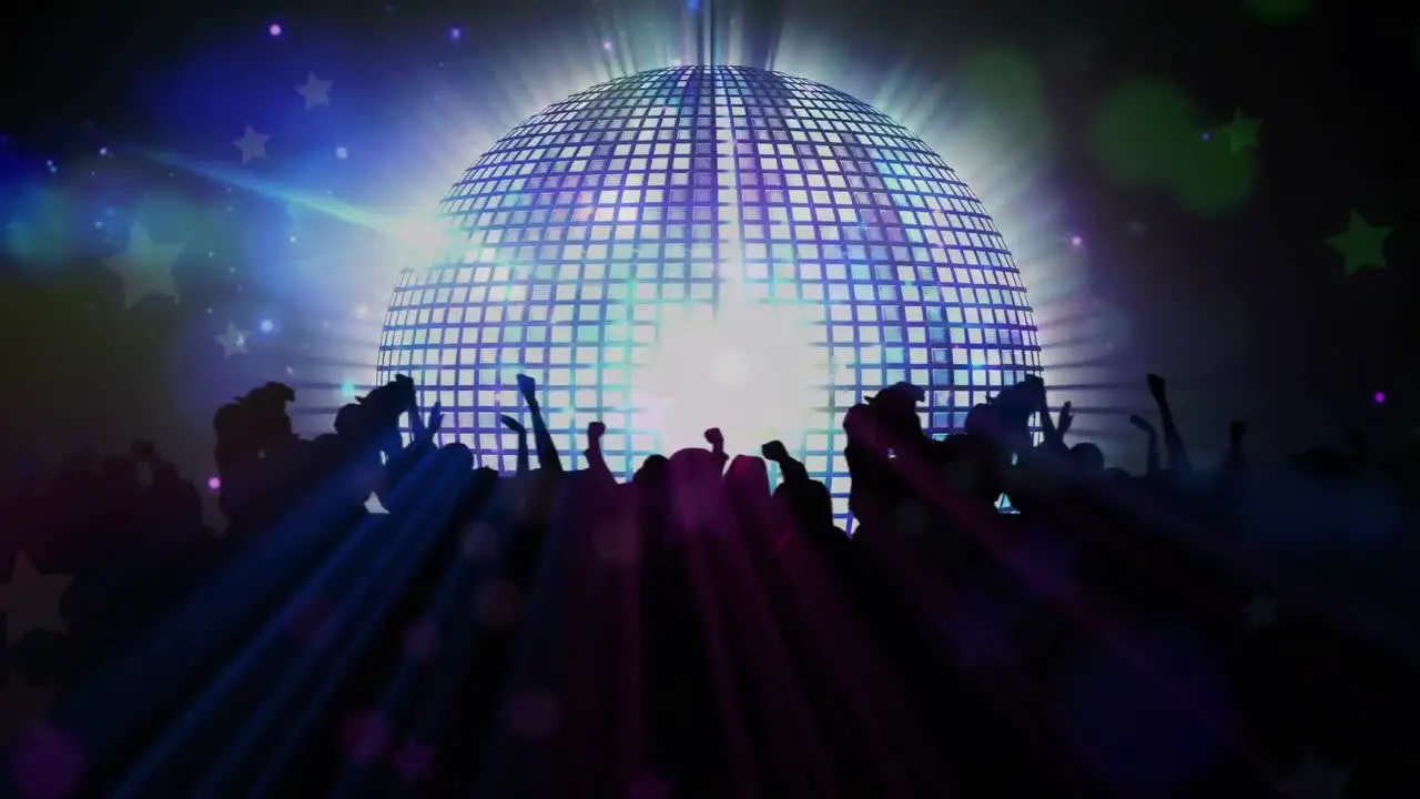 Animation of disco mirror ball spinning and people dancing on black background