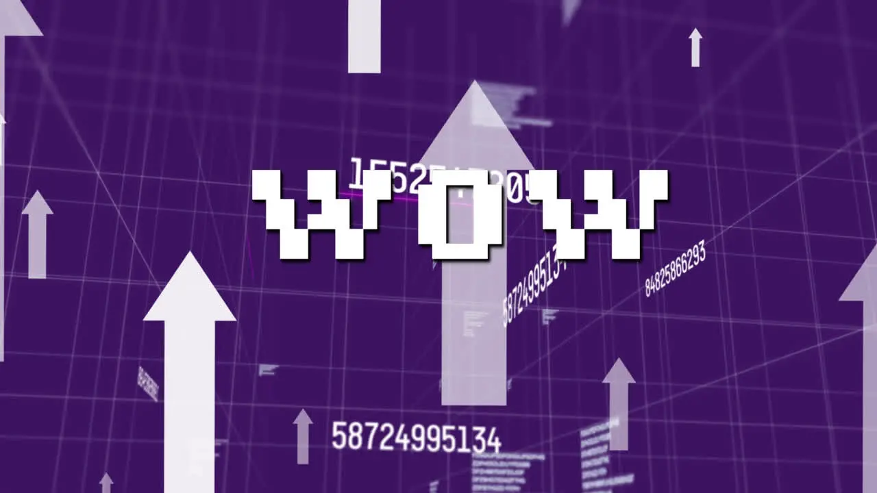 Animation of wow text over data processing and arrows on purple background