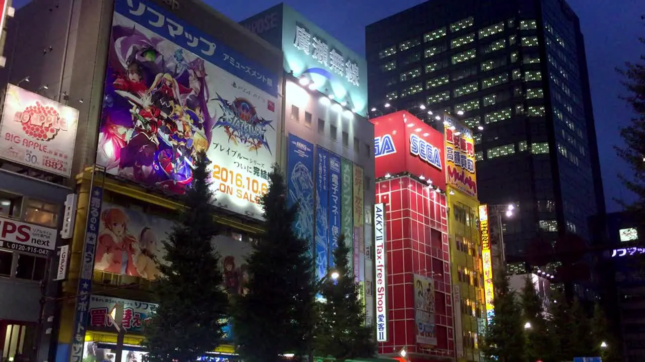 Hirose Entertainment Yard or Taito HEY in the Akihabara quarter with Sega and other gaming center stores at night Handheld street shot