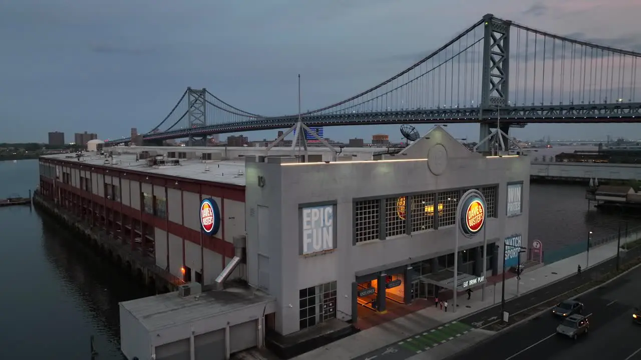 Dave And Busters casino on Delaware River near Ben Franklin Bridge in Philadelphia Pennsylvania