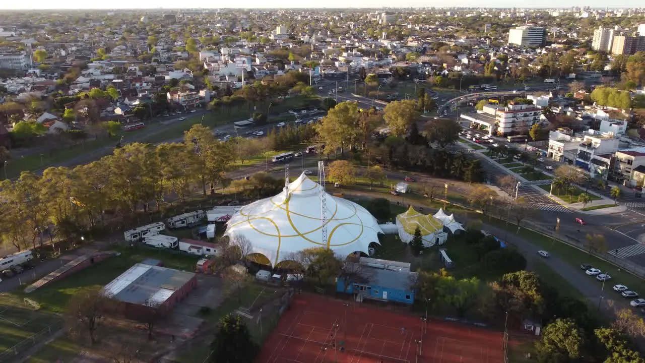 Ariel view of Anima circus white tent in Sarmiento Park in Buenos Aires Argentina and in the background a beautiful view of the city