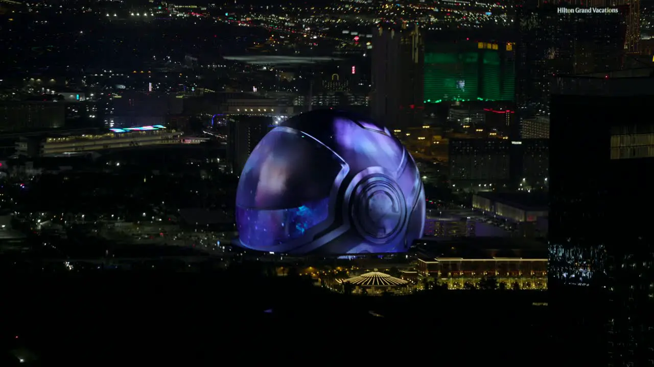 Illuminated MSG Sphere As a Large Helmet In Las Vegas At Night