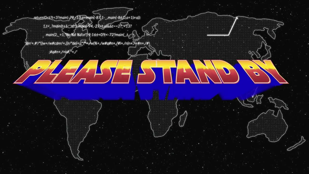 Animation of please stand by over data processing on world map and black background