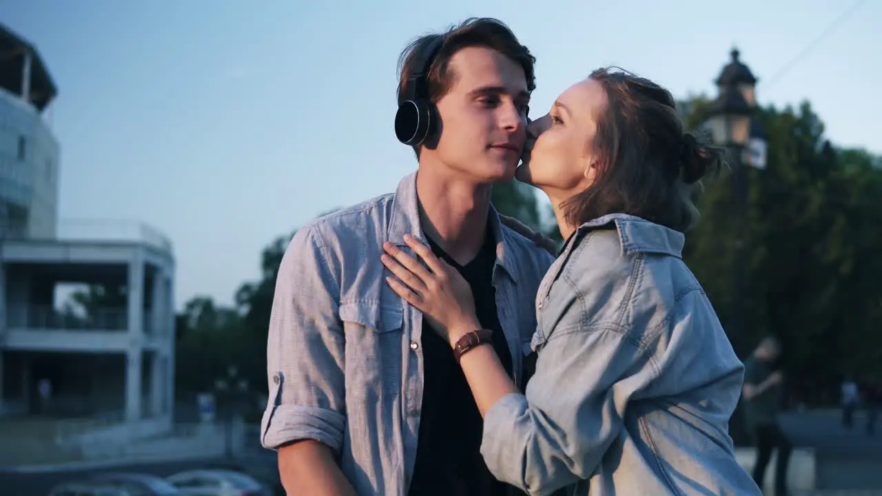 Loving Young Couple In Evening Soft Sunlight