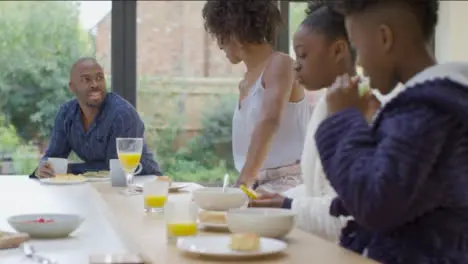 Mother Hands Bowls of Cereal to Her Two Young Children at Breakfast