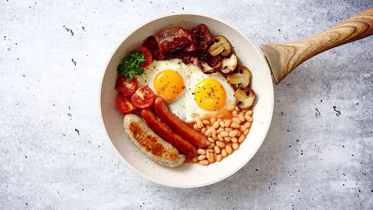 Traditional Full English Breakfast on frying pan 