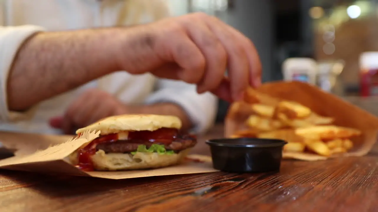 Eating Fastfood Hamburger Fried French