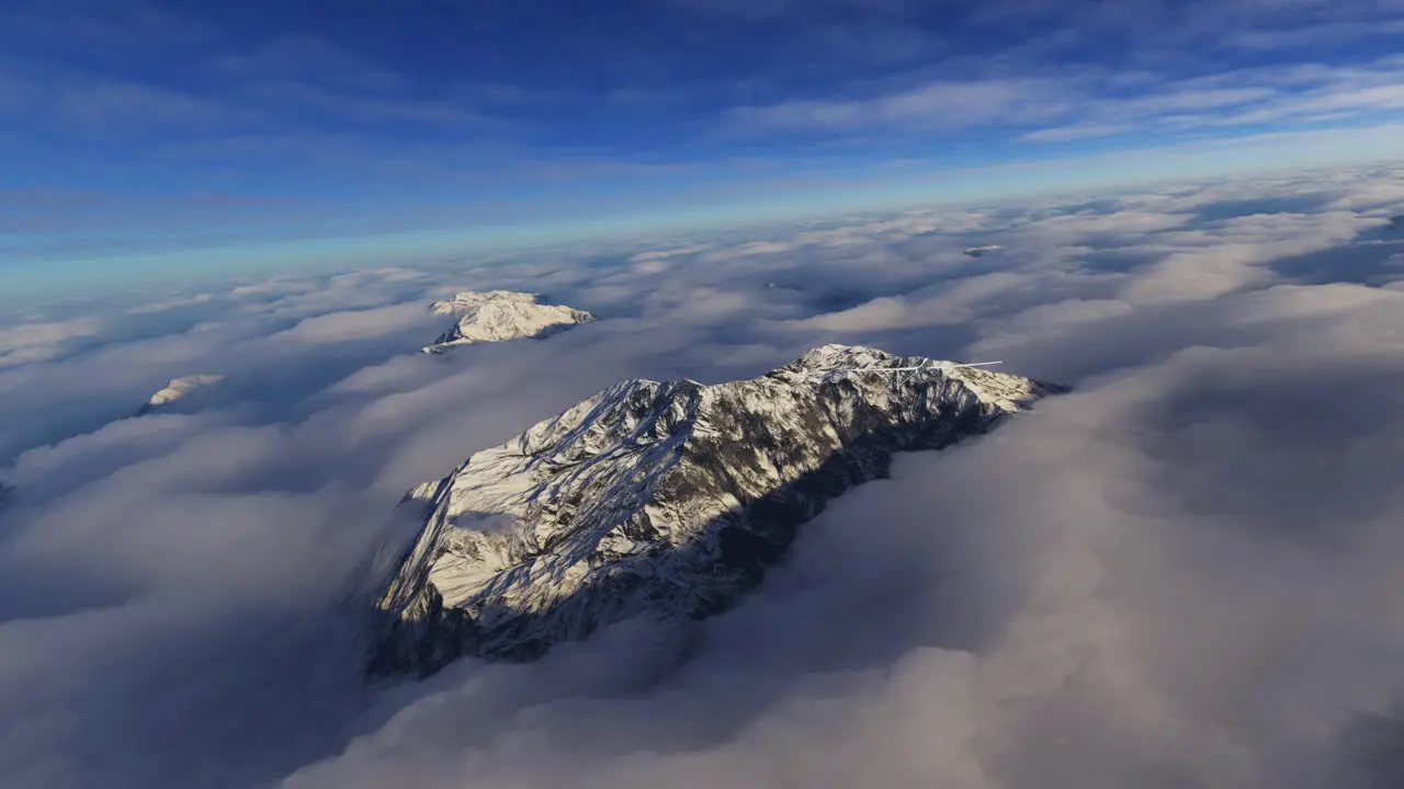 Lone Military Drone Flying Above Mountain Landscape Clouds with Blue Sky Aerial CGI Animation 4K