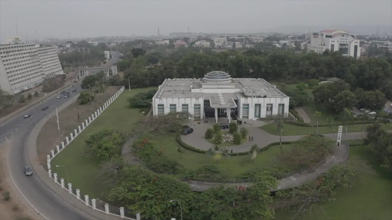 Shehu Musa Yar' Adua Centre memorial building in Nigeria push in aerial