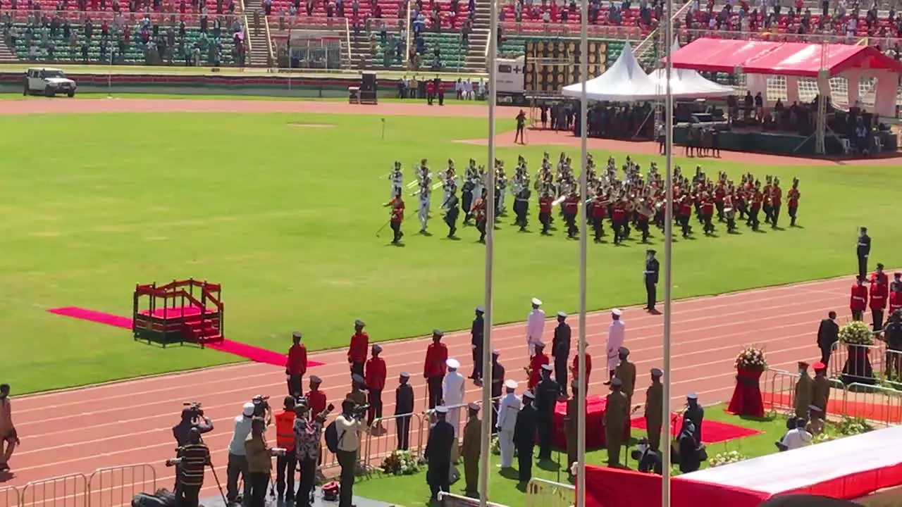 Nairobi-DECEMBER 2020 Military's band enters on the parade matching for the Independence day holiday celebrations at Nyoyo stadium Nairobi kenya on 12th Dec 2020