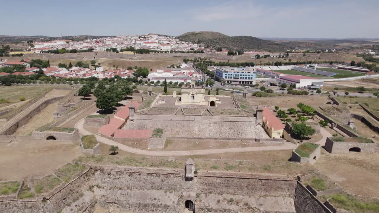 Aerial Flying Over The Governors House On Top Of Fort of Santa Luzia In Alentejo