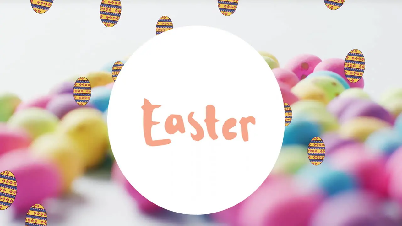 Animation of easter text over colourful easter eggs on white background