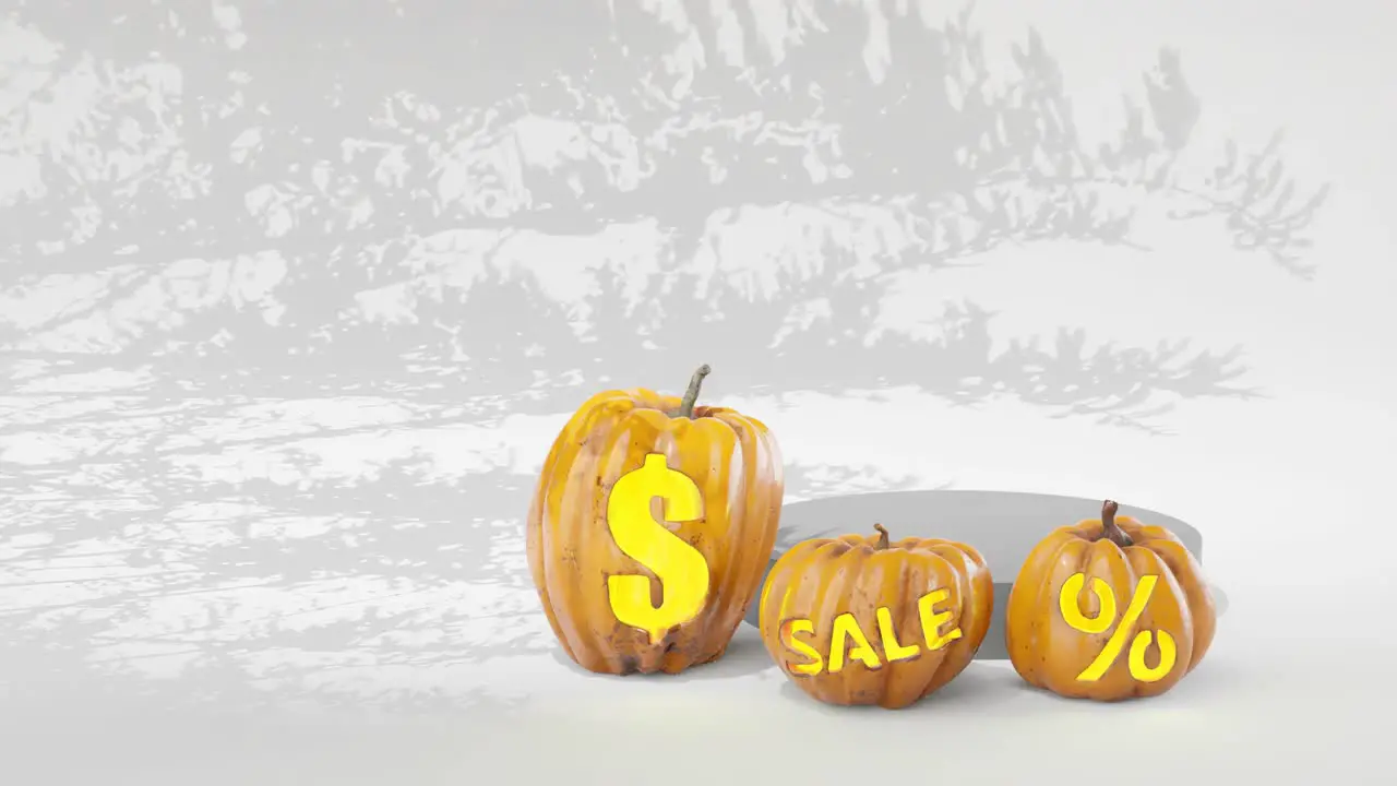 halloween sale display background cool banner for halloween holiday october sales carved pumpkin sales visual grey background with tree shadow dollar sign sale percentage 3d animation rendering