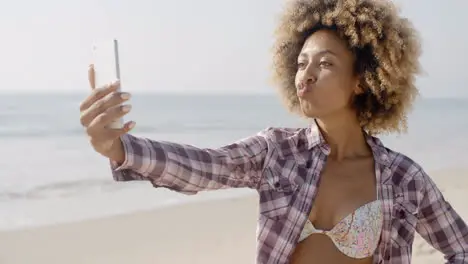 Beach Young Girl Taking Selfie With Smartphone