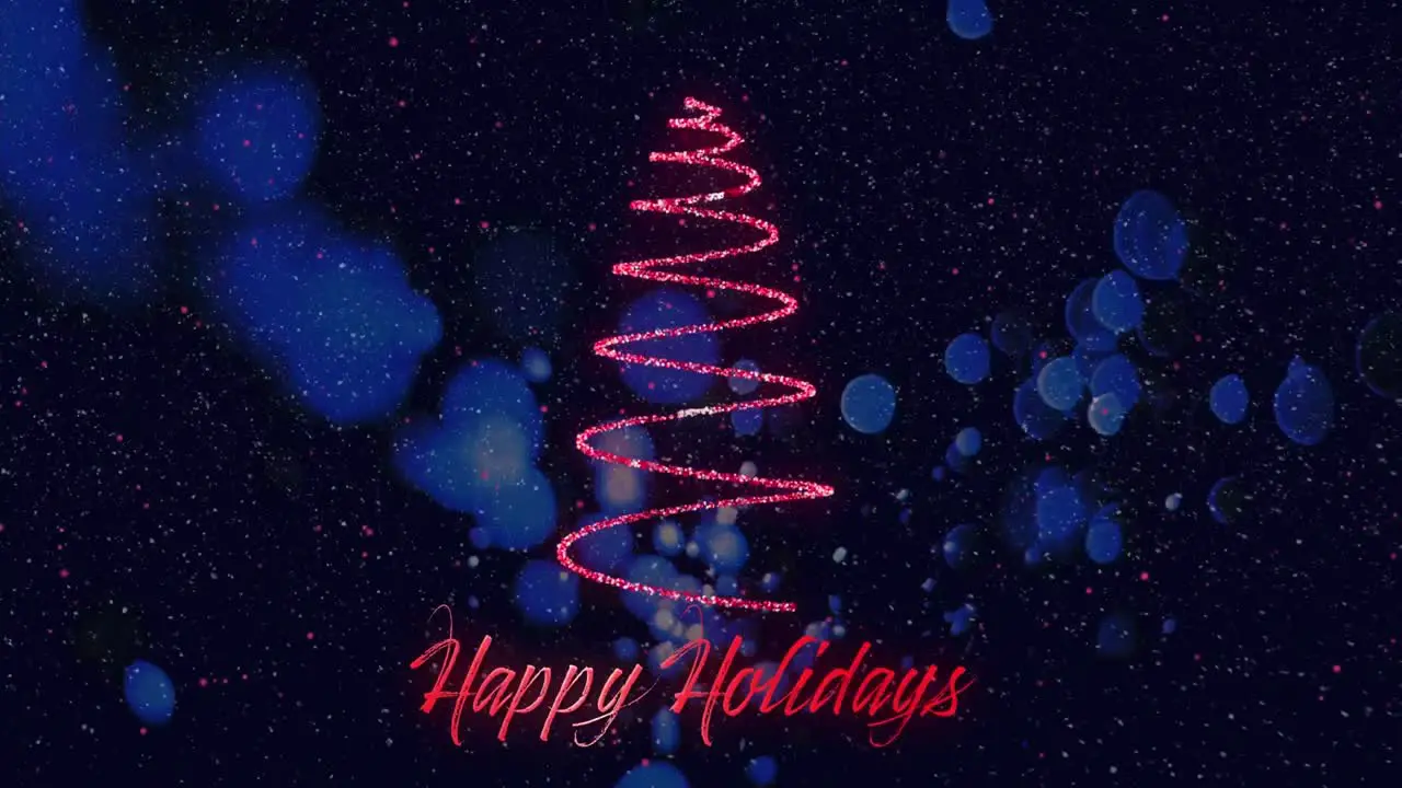 Animation of snow falling over christmas tree with happy holidays text on black backrgound