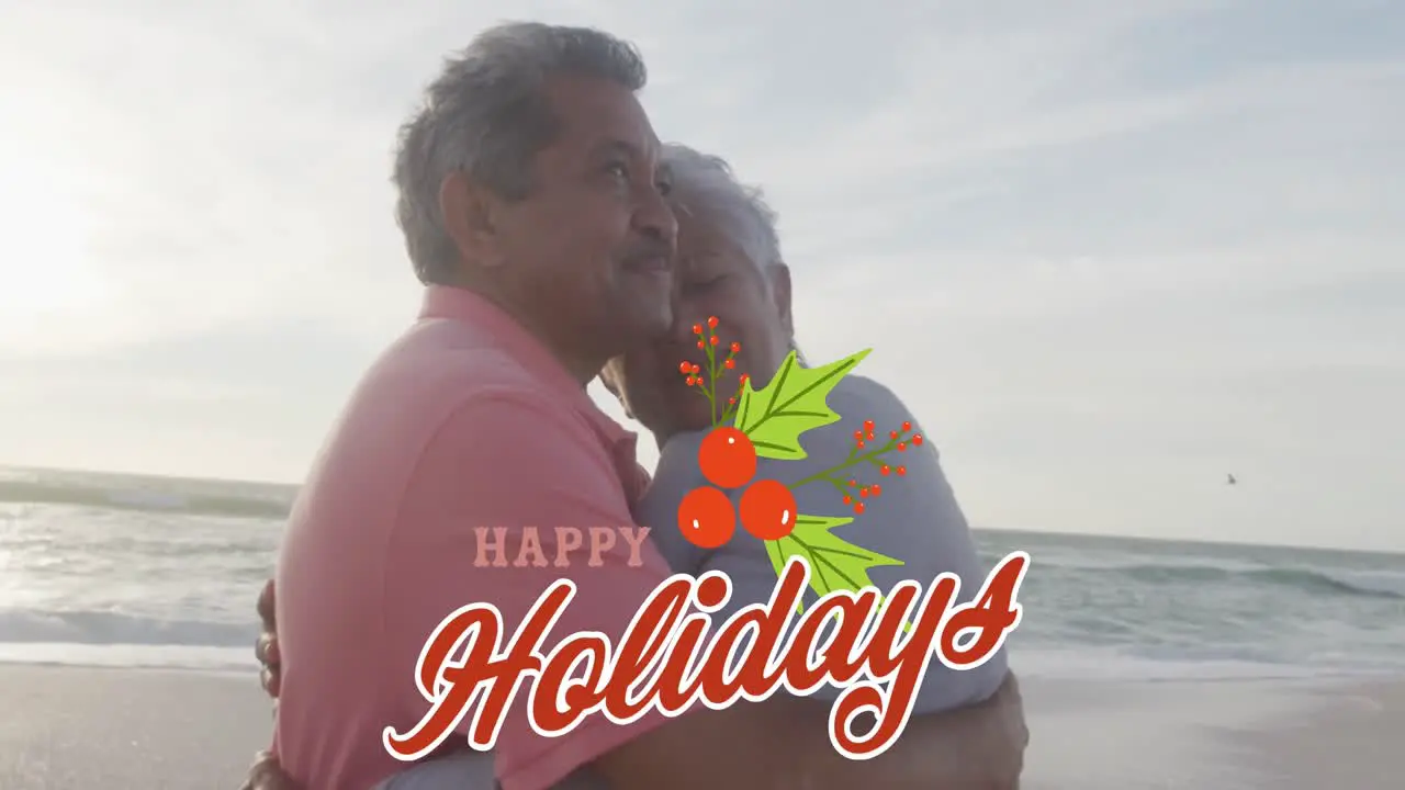 Animation of happy holidays text over happy senior biracial couple embracing on beach at christmas