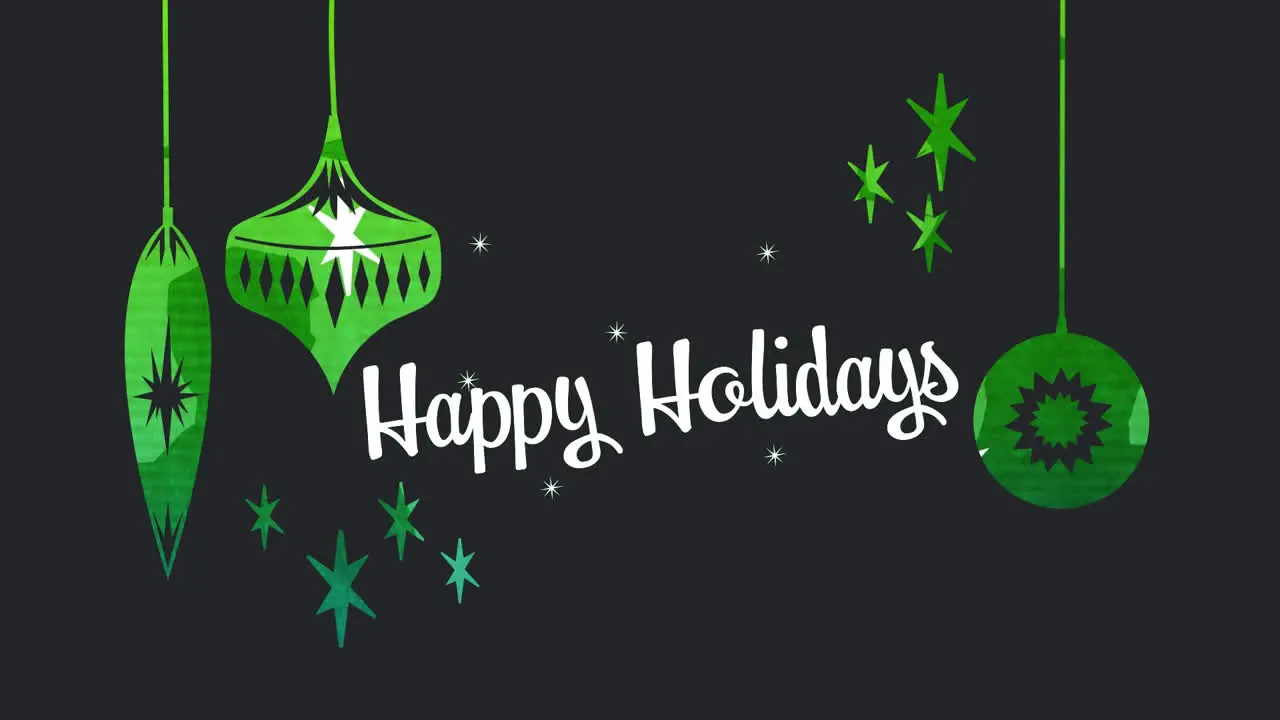 Animation of red shapes over white text happy holidays and hanging green decorations on black