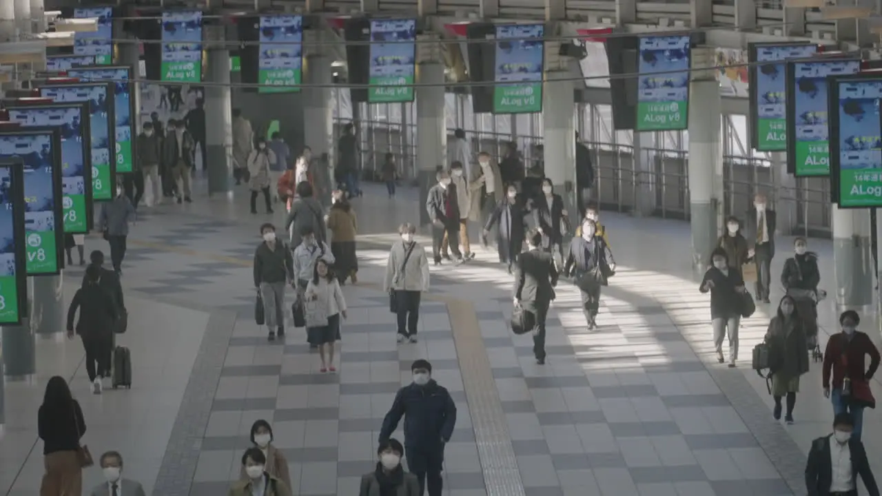 Working People With Masks At Shinagawa Station In Tokyo On A Lively Morning high angle real-time