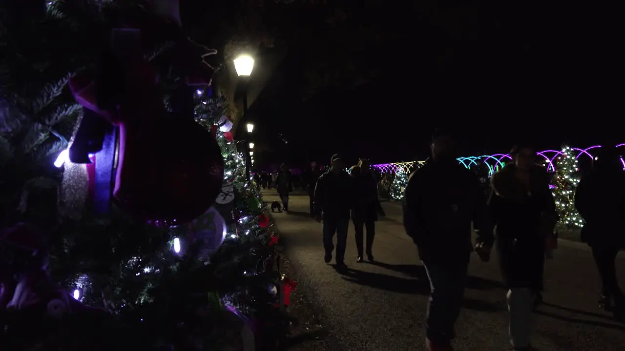 Couples Walking And Holding Hands Down Sidewalk At Decorative Christmas Festival