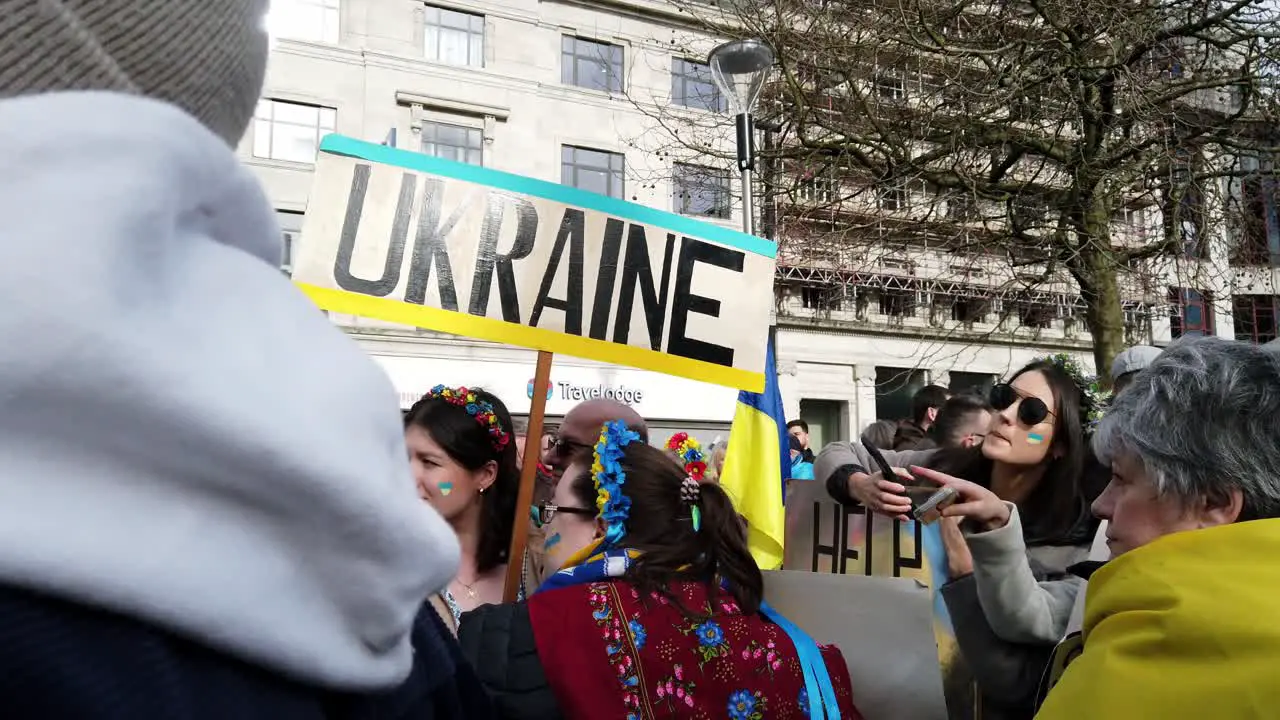 Crowd of patriotic anti war protest supporters in Manchester city gathering