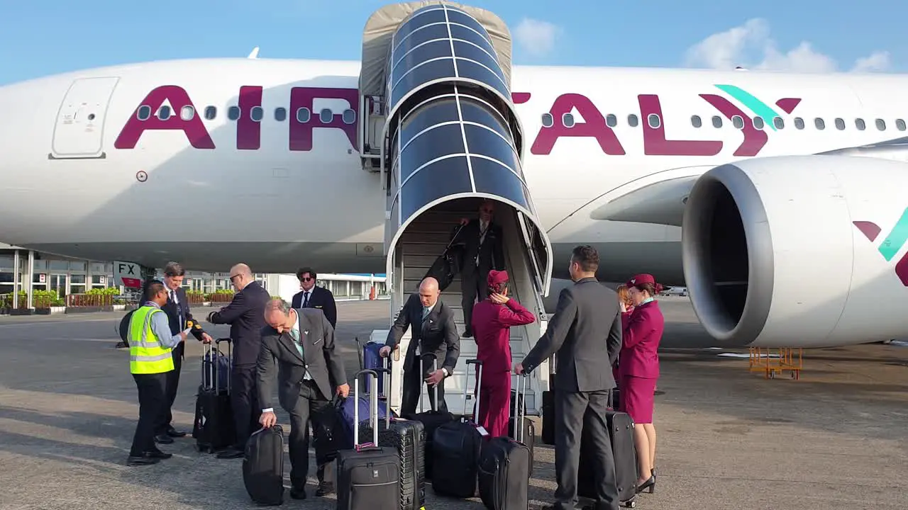 Cabin crew with uniform and suitcase under airplane