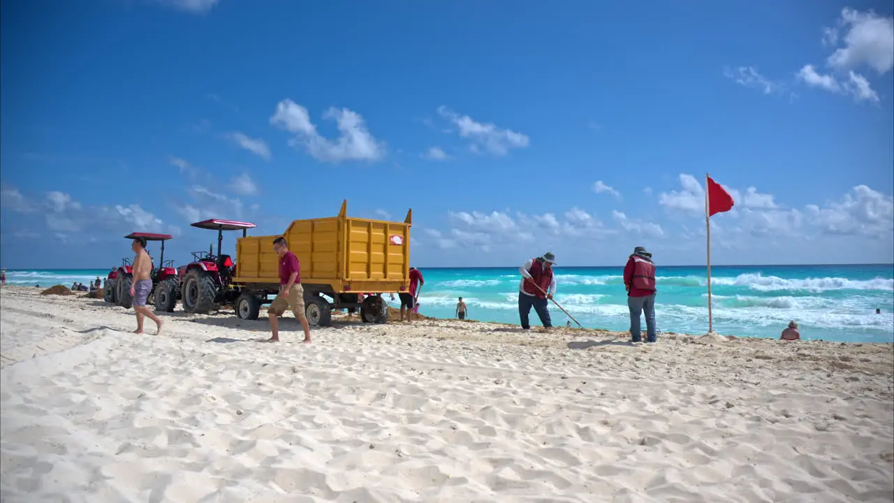 Group of volunteers government employees cleaning the beach in Cancun Mexico on a bright sunny day