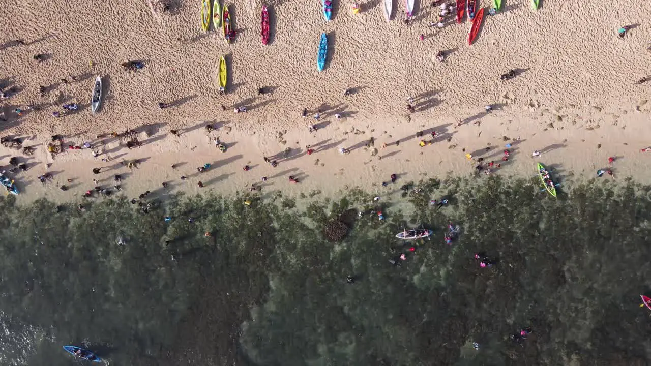 Aerial view activities of holiday tourists on Sadranan beach Gunung Kidul Yogyakarta using canoes and swimming