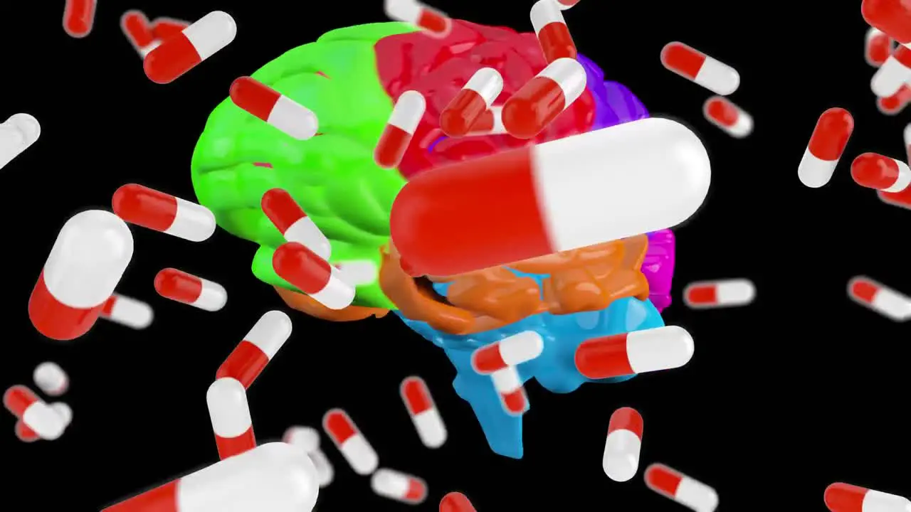 Digital composite of a brain and medicinal capsules