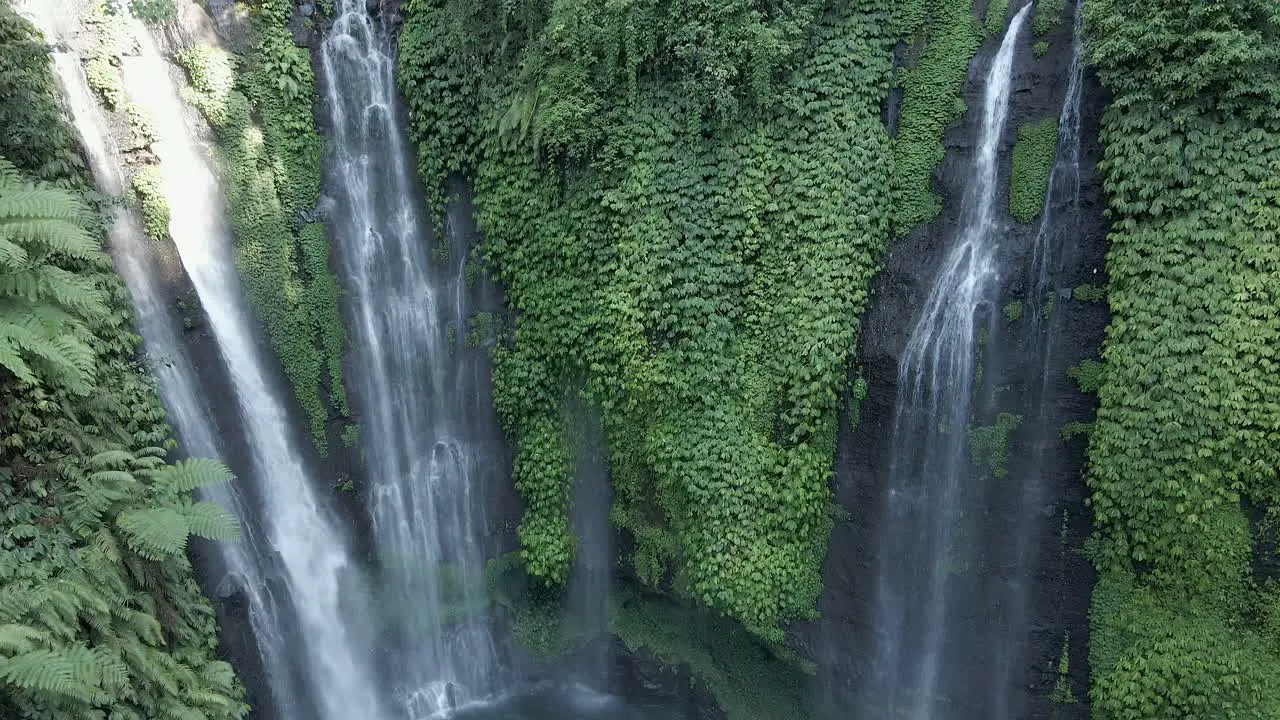 Aerial tilts up Sekumpul waterfall tourist swims in pool far below