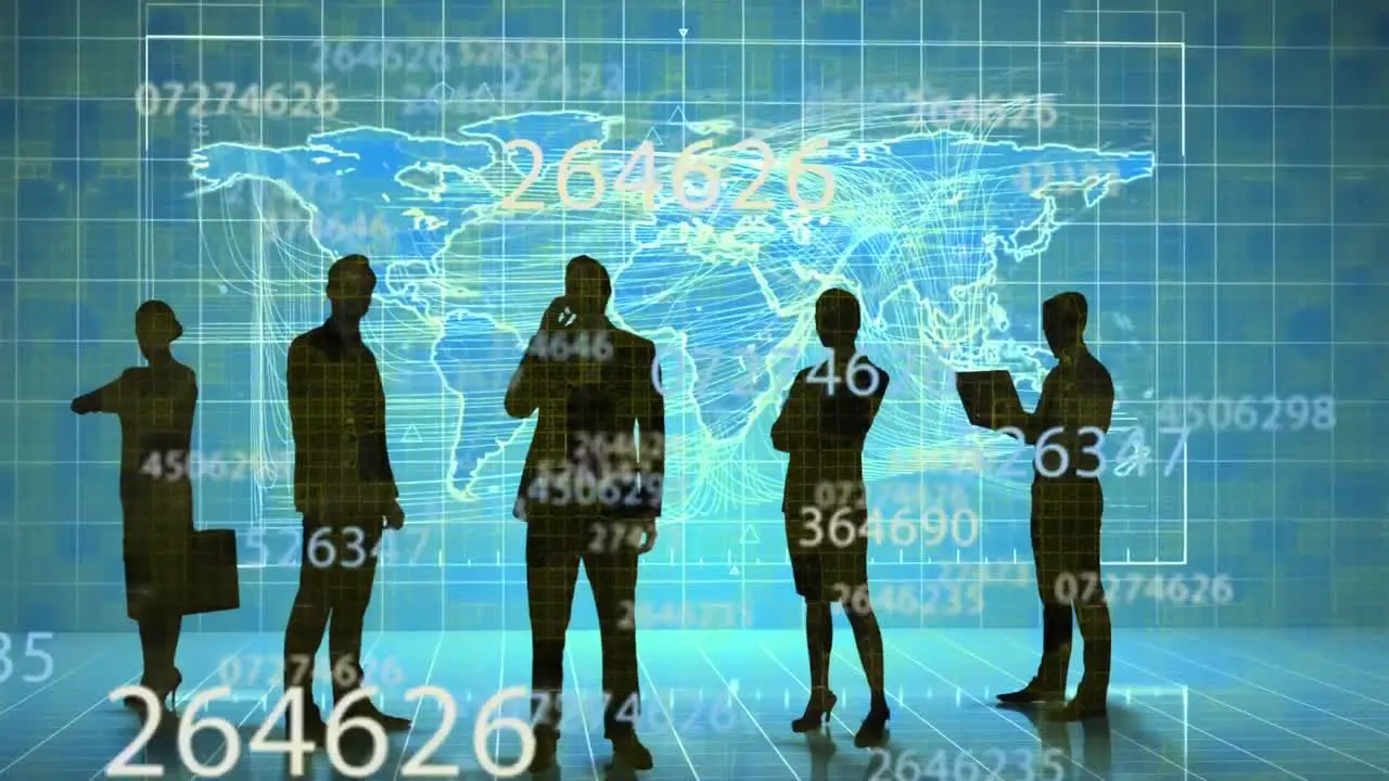 Multiple changing numbers over silhouette of businesspeople against world map on blue background