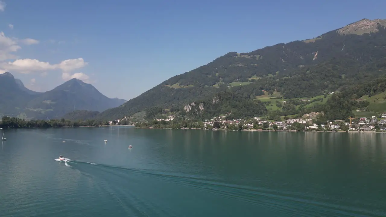 Aerial view of beautiful lakes in Europe along with water sports and fishing boats