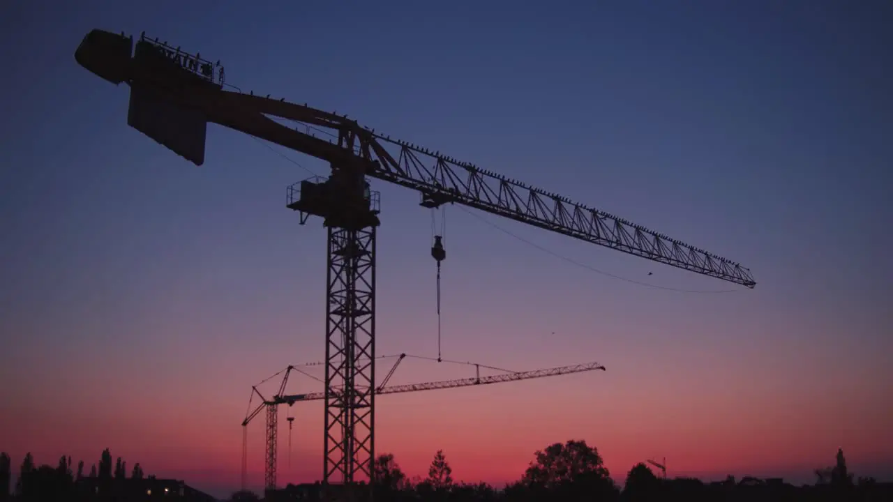 Ravens sit on a crane on construction site at sunset