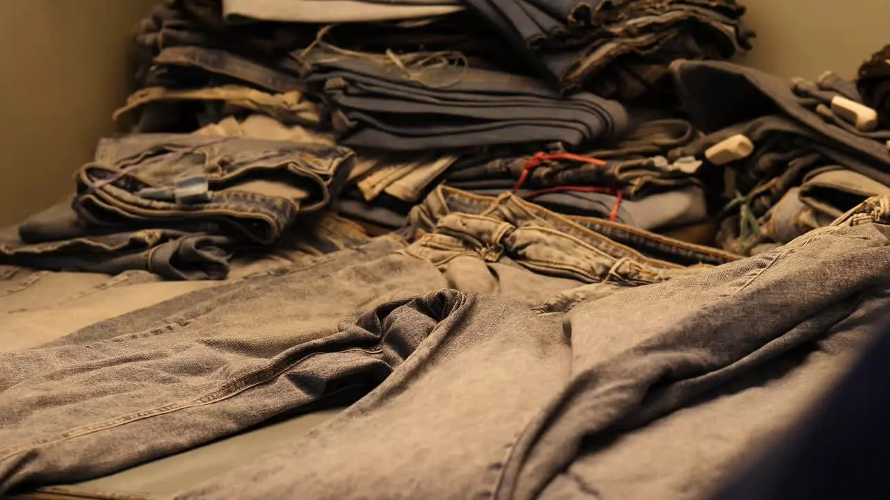 Worker Checking Denim Jeans From Stack Under Light In Factory In Pakistan