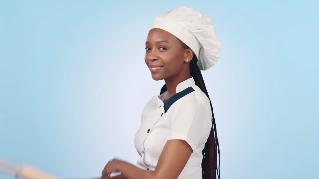 Baker rolling pin and happy black woman confident