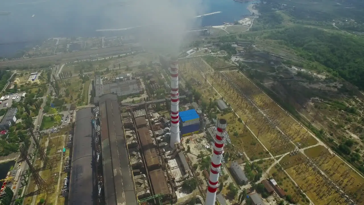 Industrial factory district with smokestacks Aerial drone view industry zone