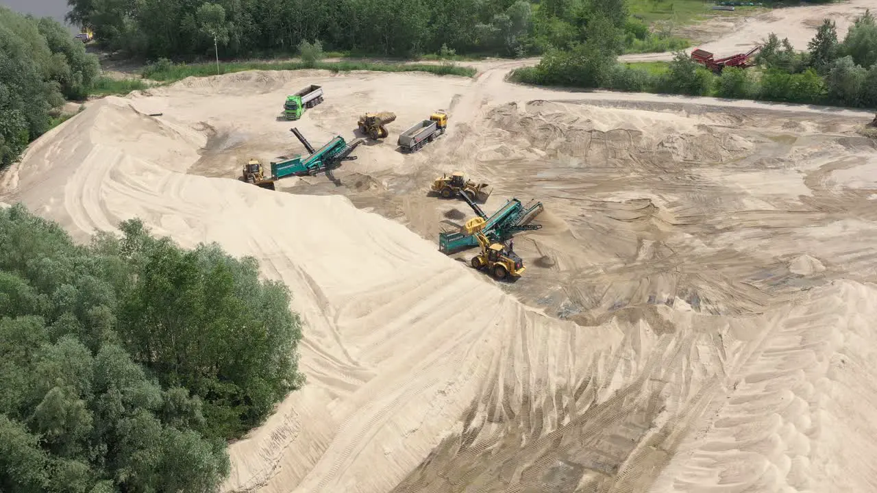 Aerial view of mining machinery working at sand quarry