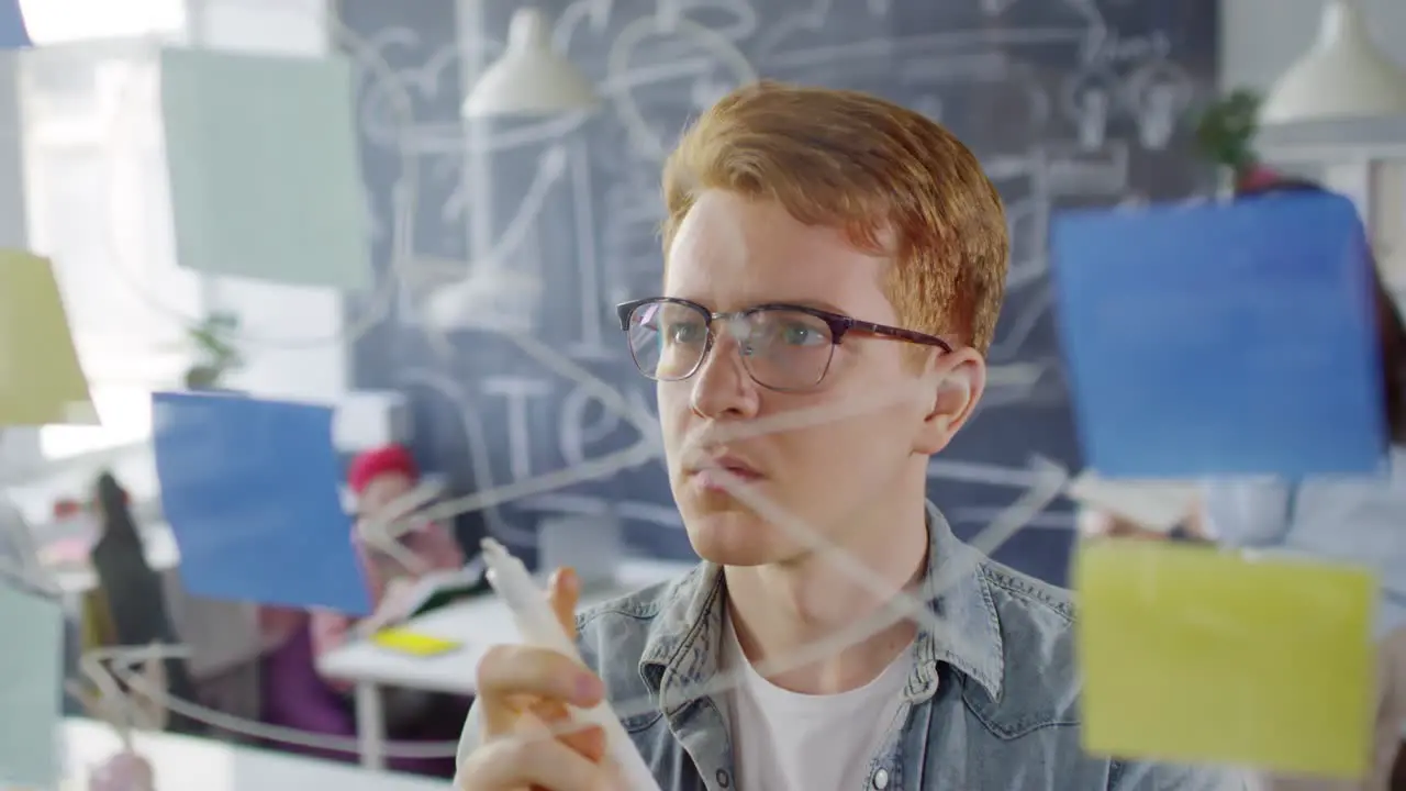 Red Haired Boy In Glasses And Casual Clothes Writing Notes On The Window Glass